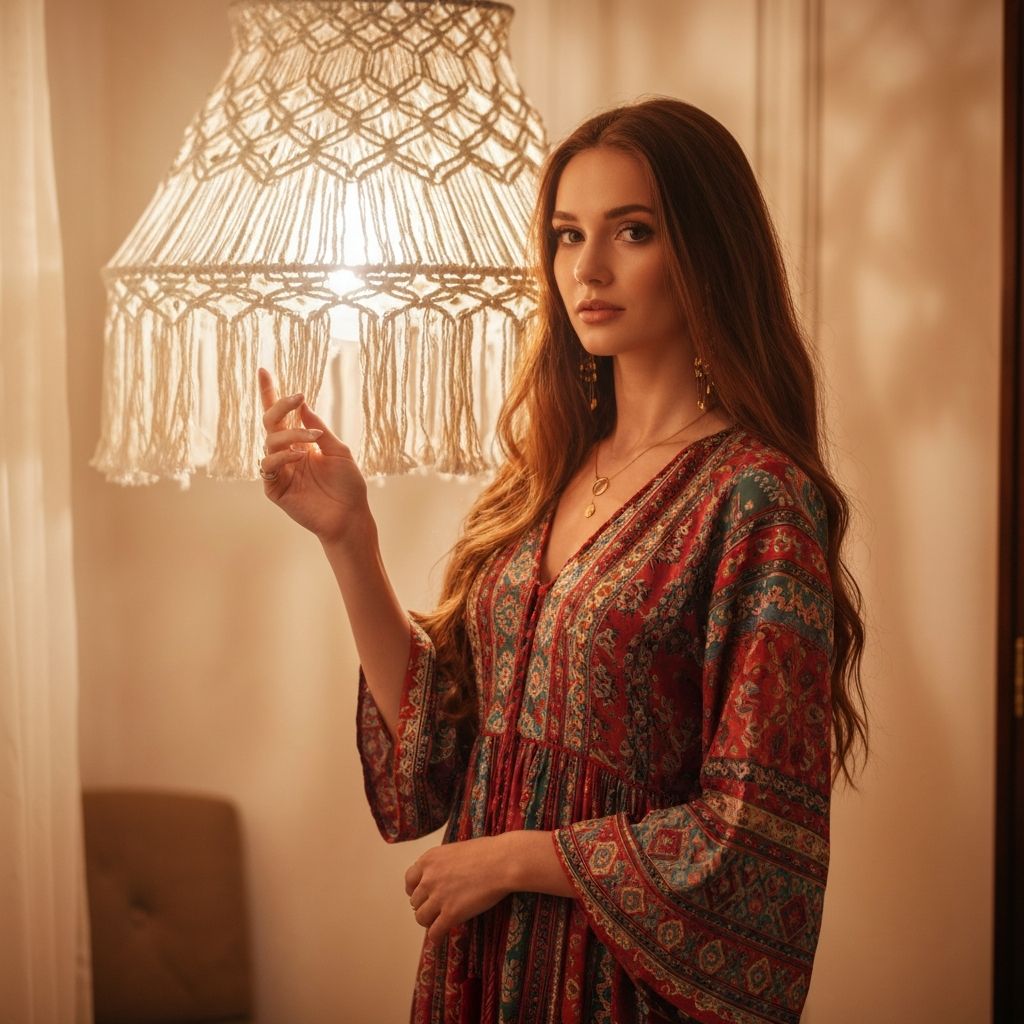 Девушка в интерьере с макраме абажуром