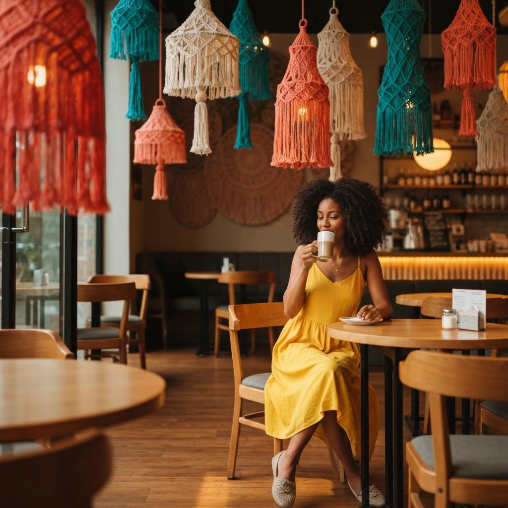 Девушка в кафе с абажурами